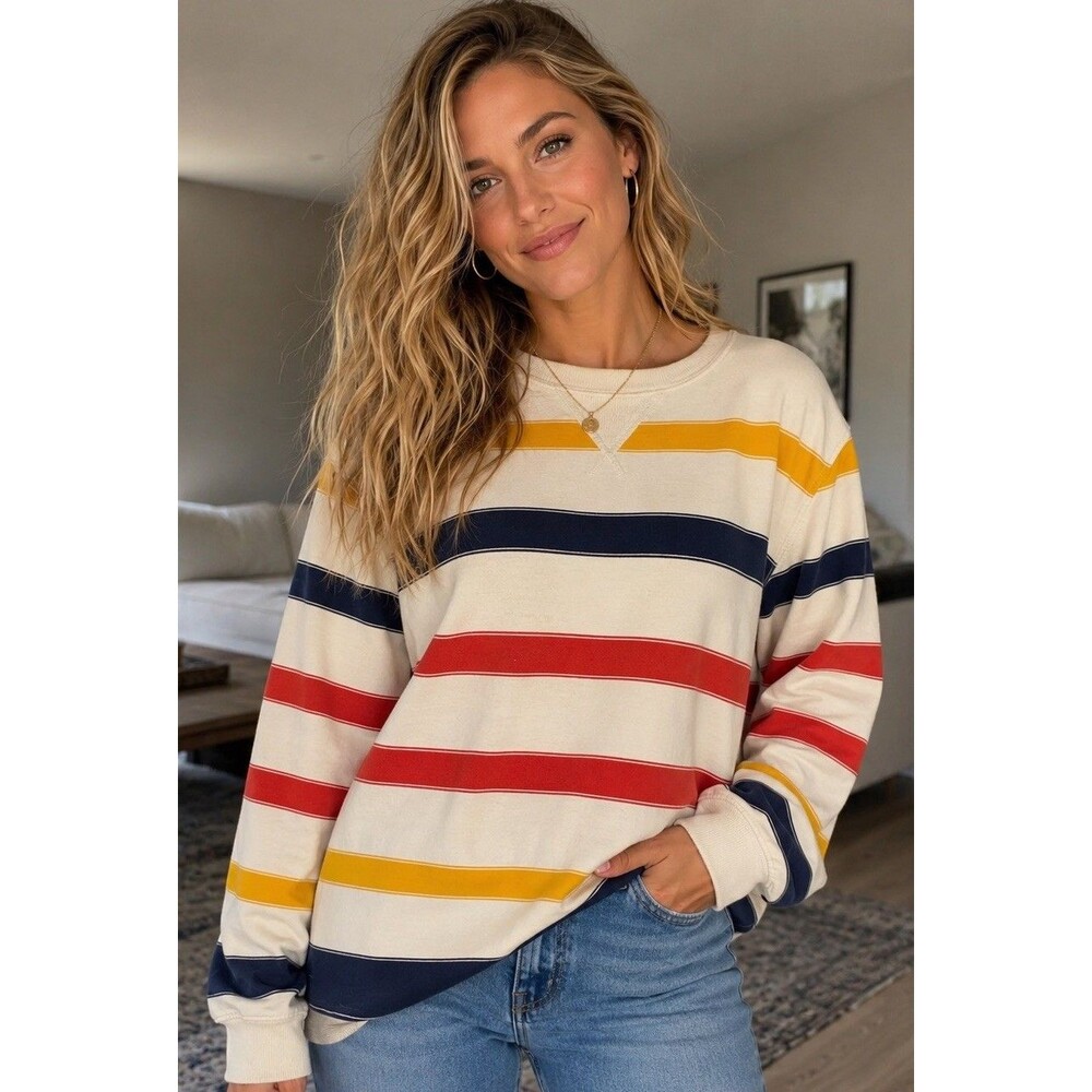 St. John’s Bay Striped Crewneck Sweatshirt Womens L Red Yellow Blue White
